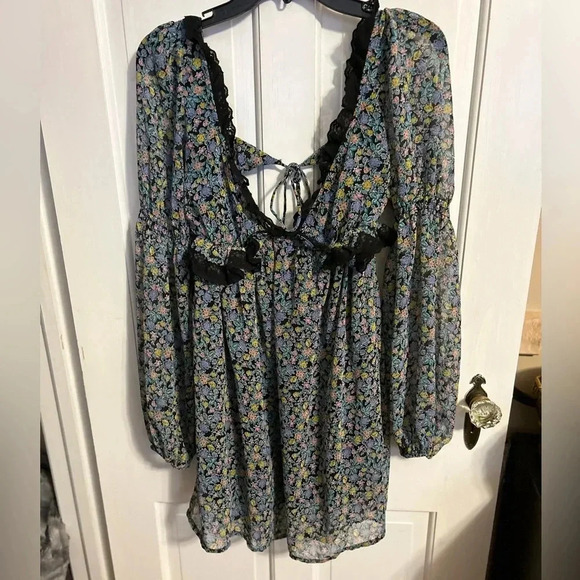 Free People Pennie Floral Print Ruffle Long Sleeve Mini Dress - Picture 1 of 6